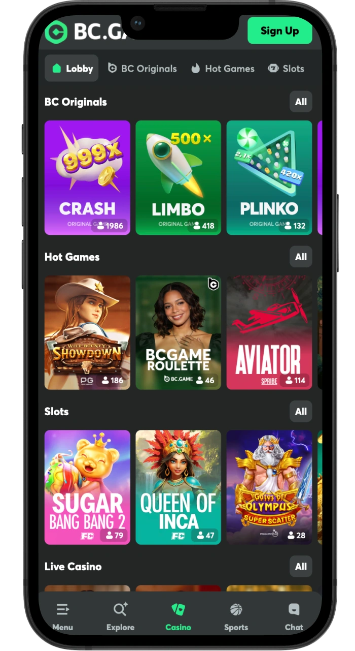 BC Game casino games page